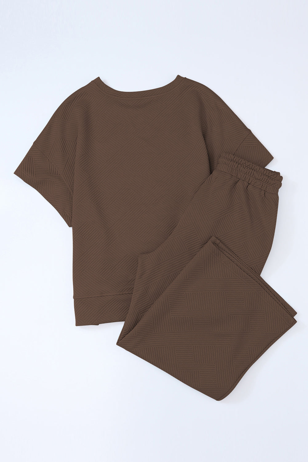 Brown Textured Loose Fit T Shirt and Drawstring Pants Set Shewin