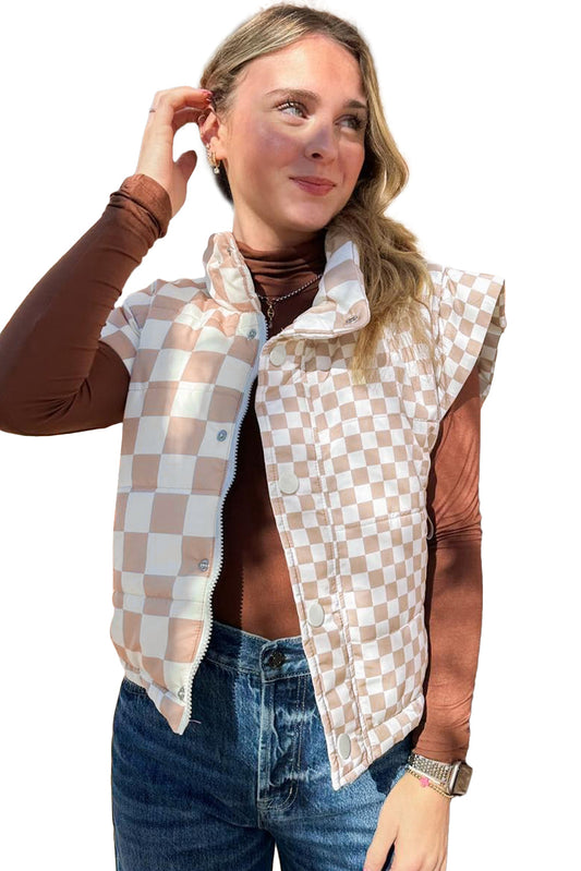 Khaki Plaid Stand Neck Button Down Vest Shewin