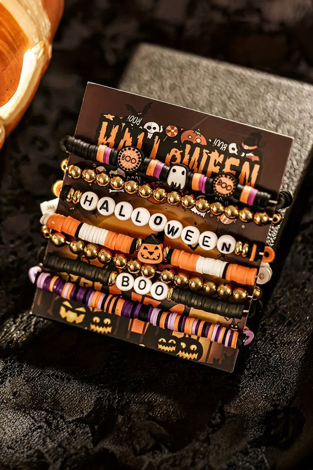 Russet Orange Playful 7pcs Halloween Beaded Bracelet Set Shewin