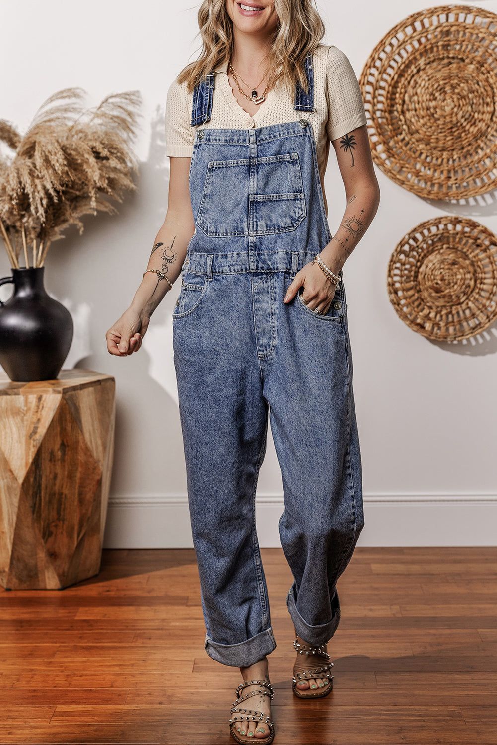 Sail Blue Straight Leg Pockets Denim Bib Overall Shewin