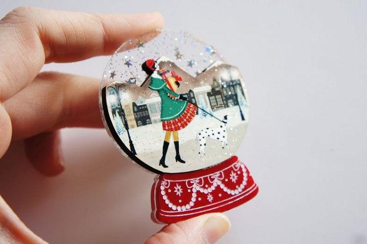 Christmas Shopping Snow Globe Brooch by Laliblue