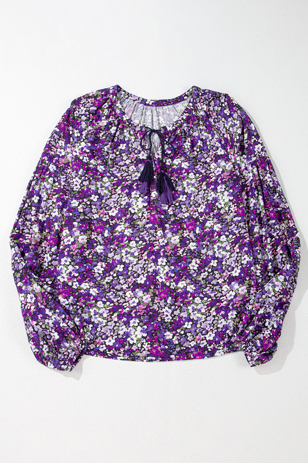 Purple Boho Floral Split V-Neck Bubble Sleeve Blouse Shewin