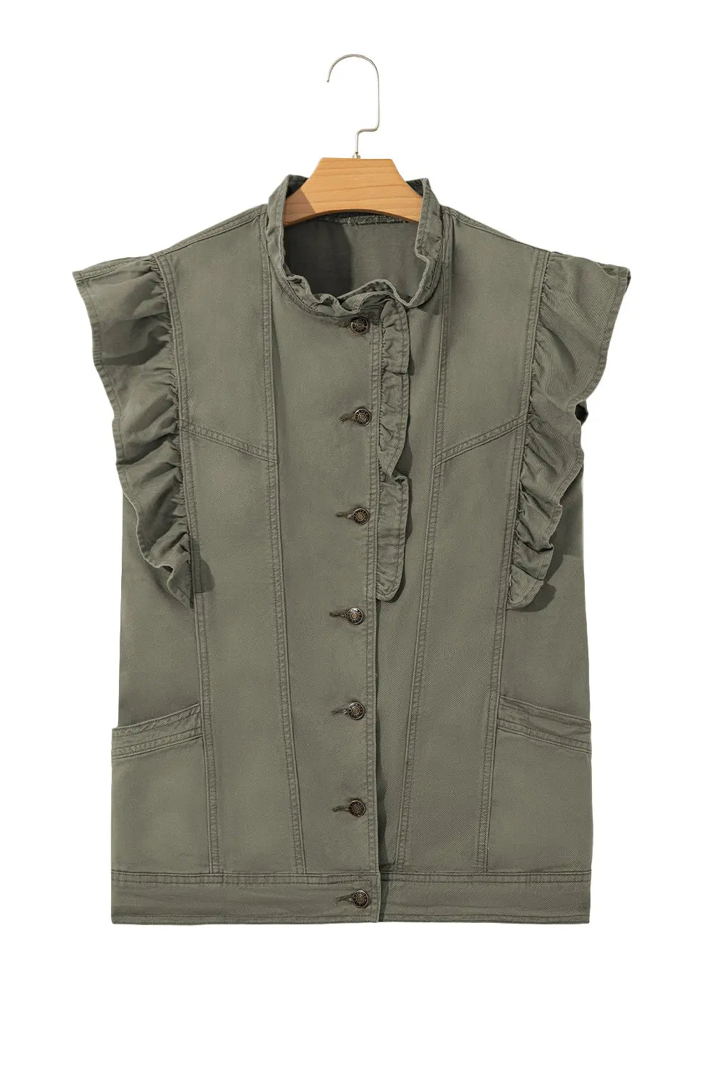 Green Bay Ruffle Plain Denim Jacket Vest Shewin