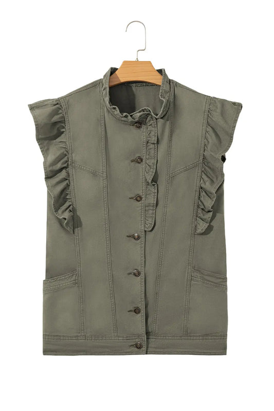 Green Bay Ruffle Plain Denim Jacket Vest Shewin