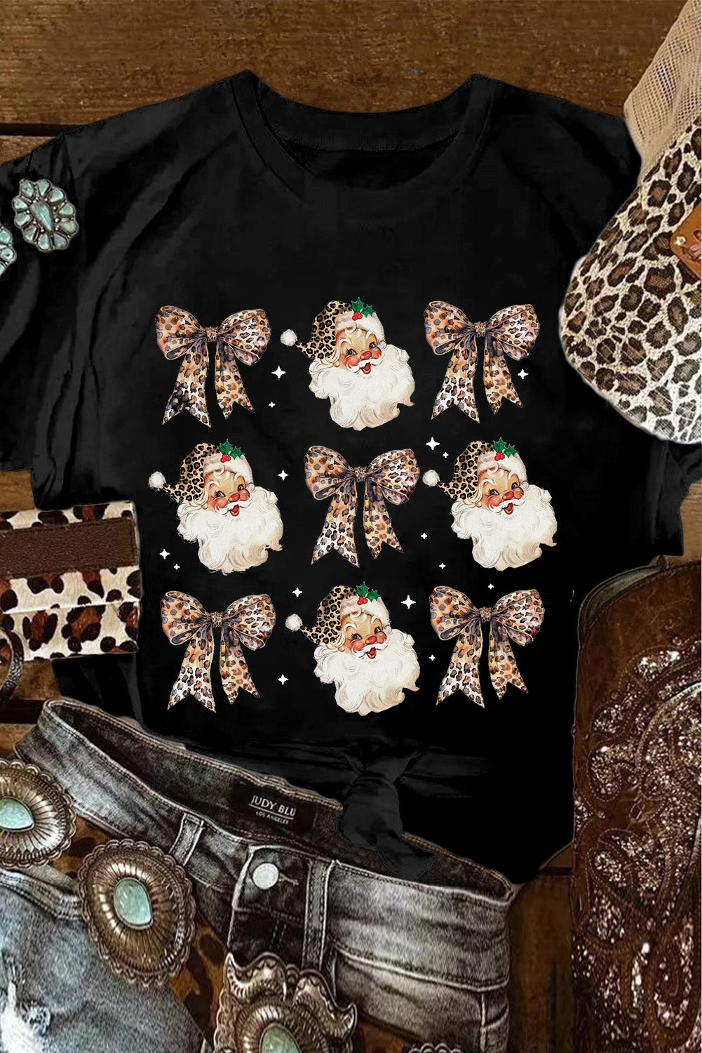 White Santa Claus Leopard Bow Heat Transfer Printing Crew Neck Graphic T Shirt