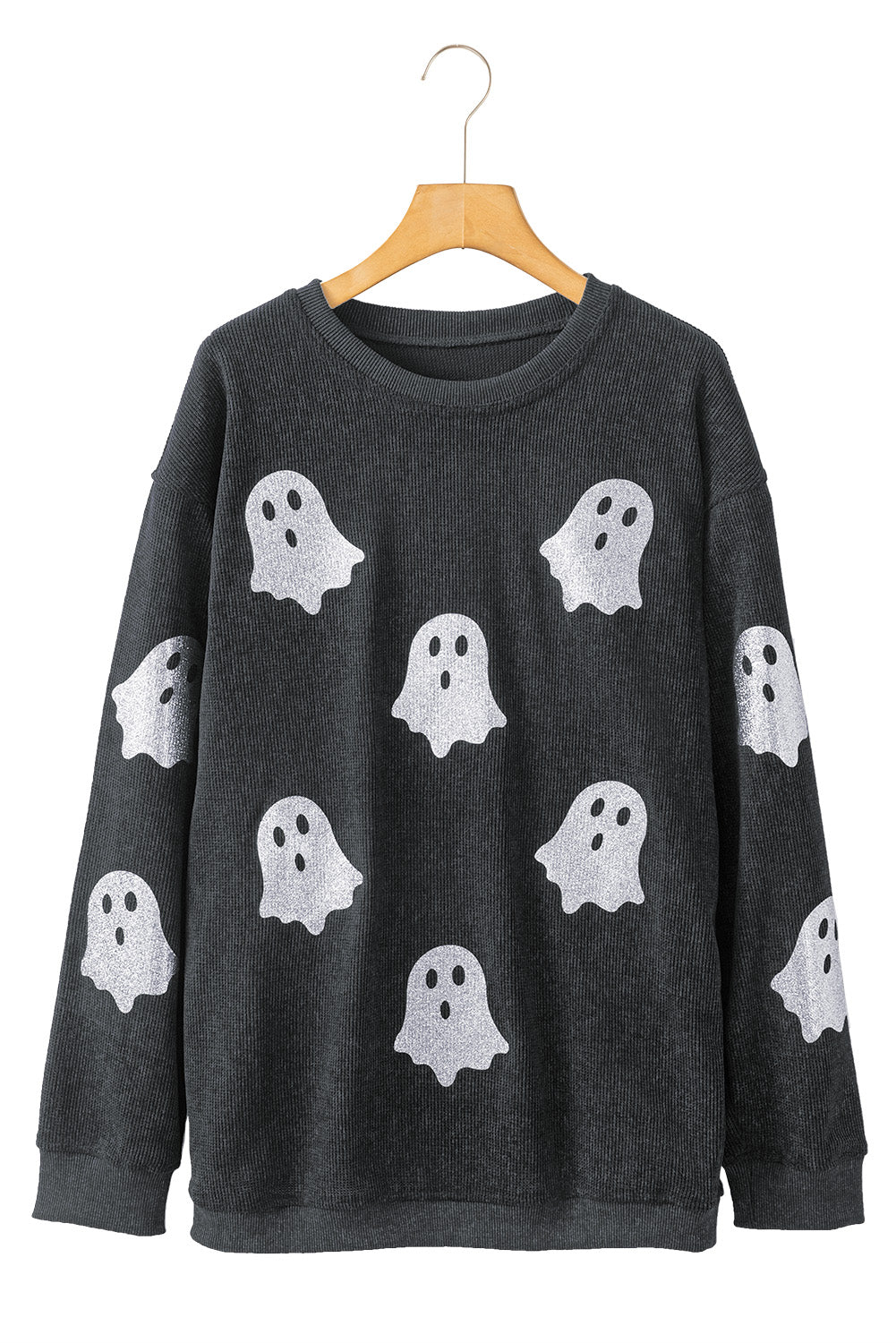 Black Halloween Ghost Corded Crew Neck Loose Sweatshirt Shewin
