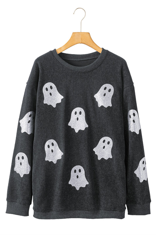 Black Halloween Ghost Corded Crew Neck Loose Sweatshirt Shewin