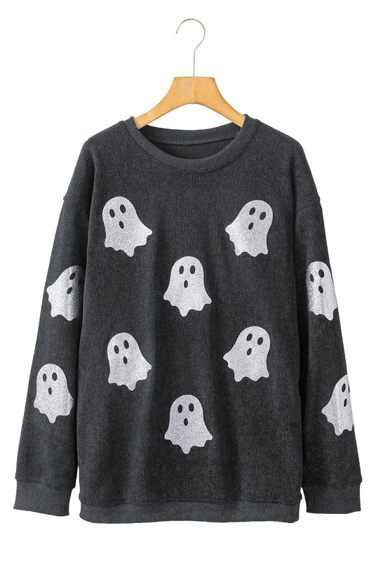 Black Halloween Ghost Corded Crew Neck Loose Sweatshirt Shewin