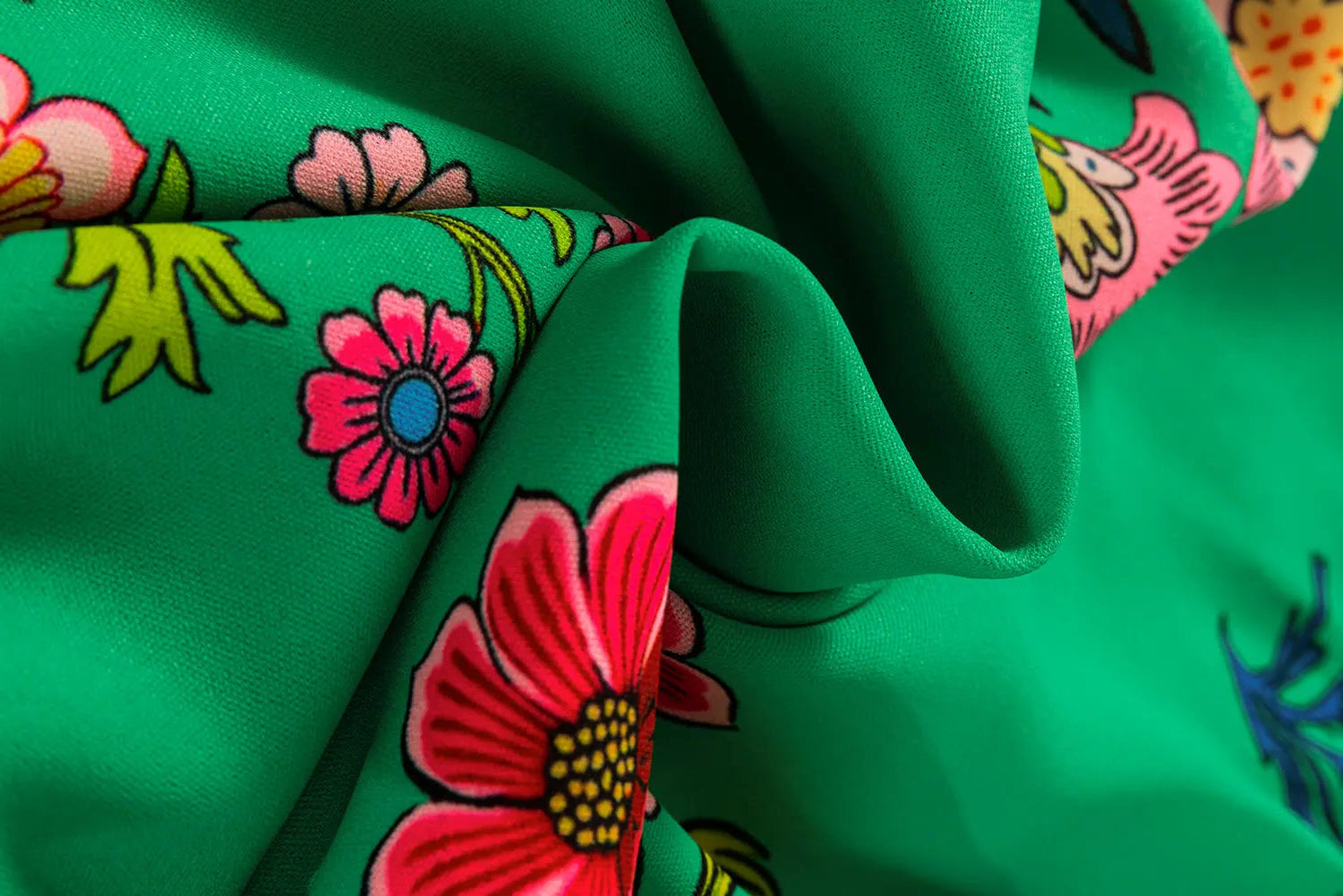 Green Floral Print Flutter Sleeve Frill Neck Blouse Shewin