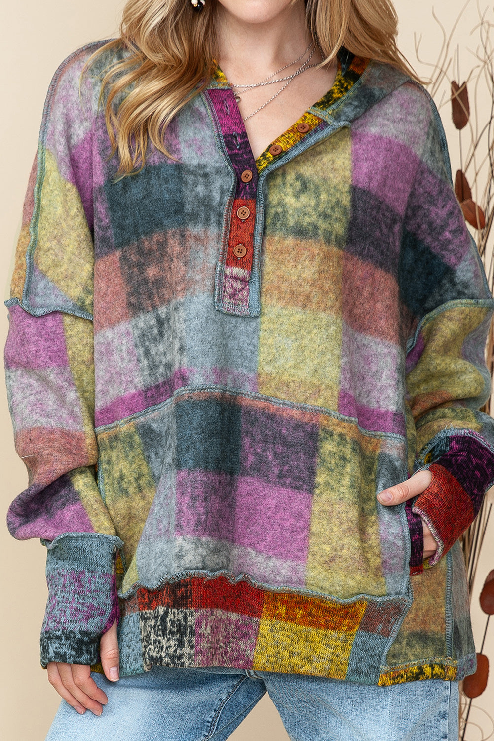 Multicolor Brushed Check Kangaroo Pocket Thumbholes Henley Hoodie Shewin