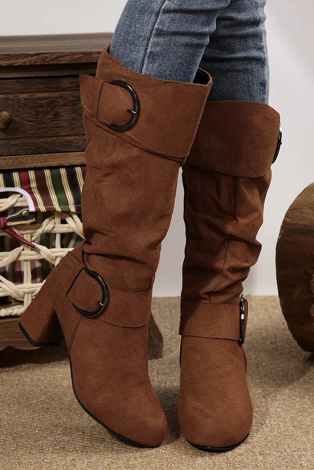 Coffee Suede Double Buckled Side Zipped Mid-calf Boots Shewin