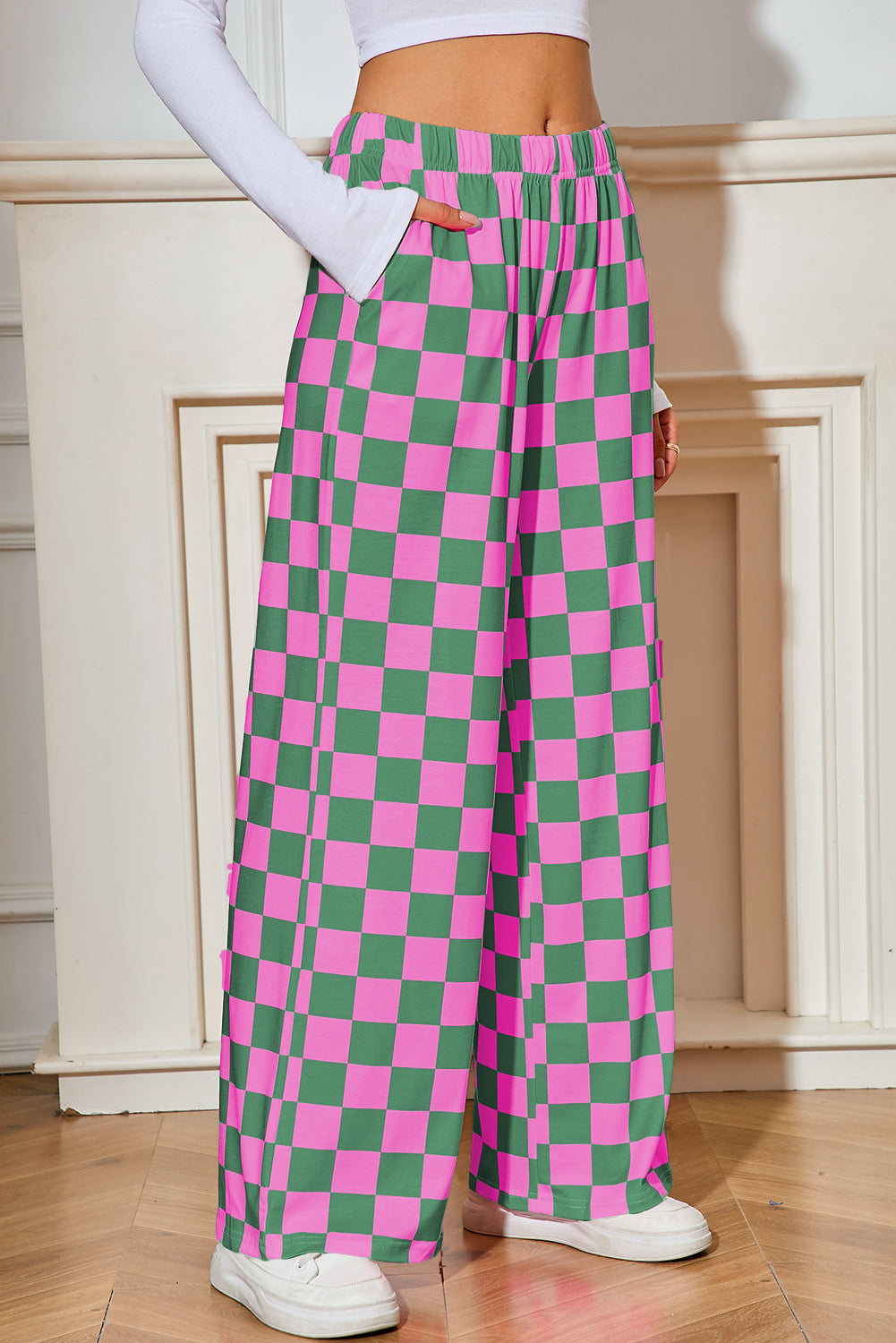 Green Checkered Print High Waist Wide Leg Pants