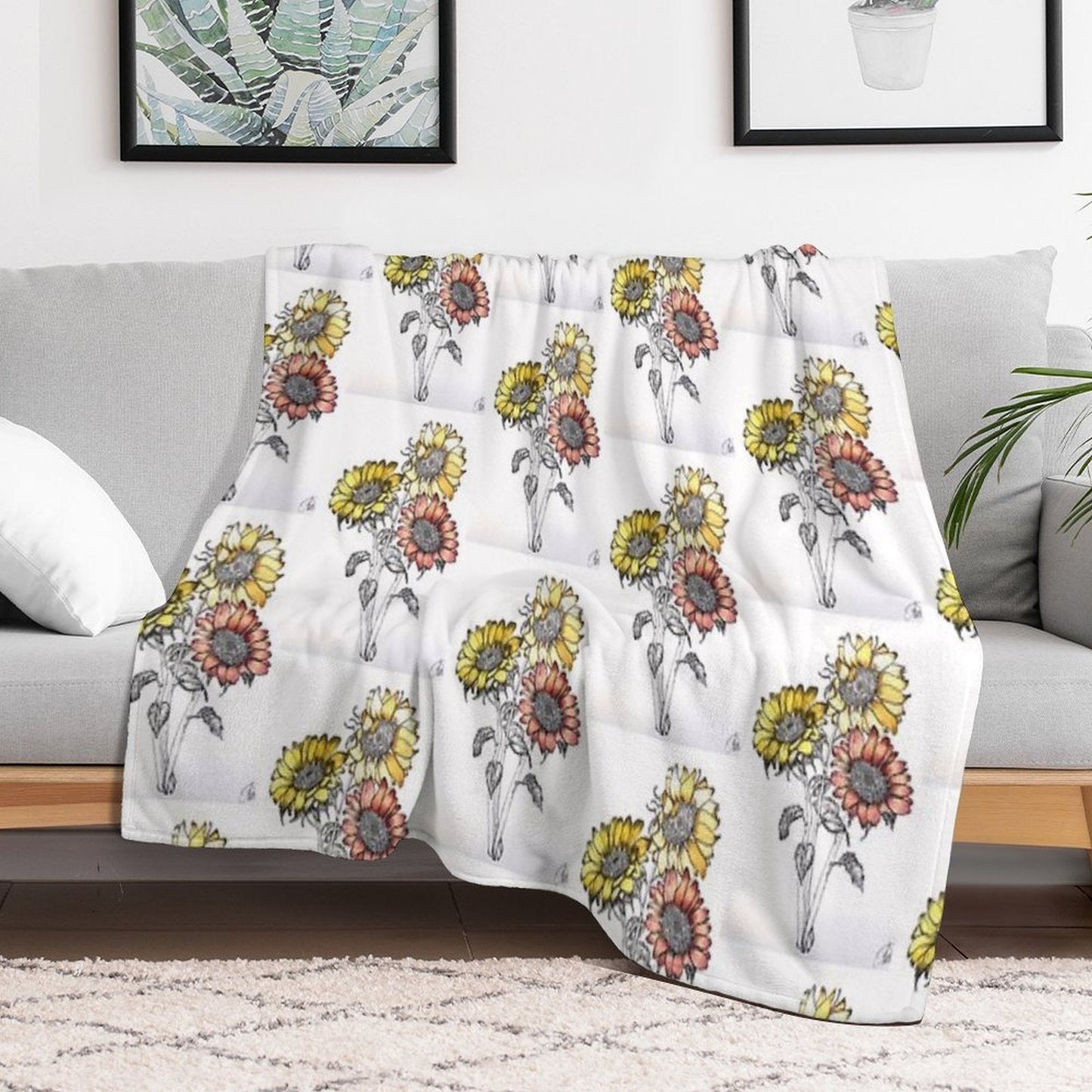 Colored Inked Sunflowers Throw Blanket