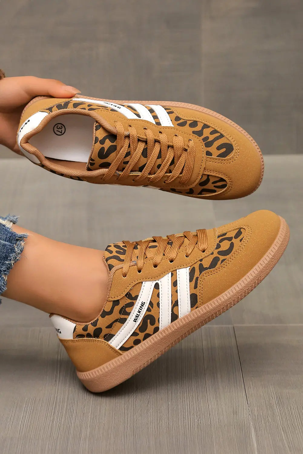 Thai Curry PU Leather Leopard Patchwork Contrast Detail Lace-up Shoes Shewin