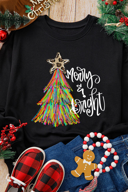 Black Merry Bright Christmas Tree Graphic Heat Transfer Printing Sweatshirt Shewin