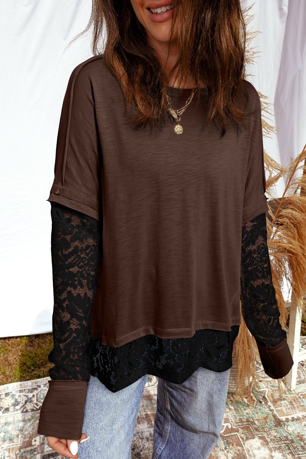 Light French Beige Sheer Lace Patchwork Casual Long Sleeve Tee