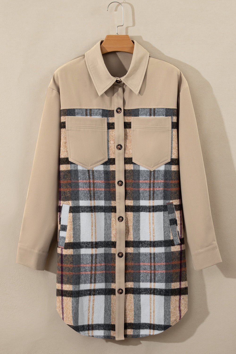 Khaki Plaid Patchwork Long Sleeve Jacket Shewin