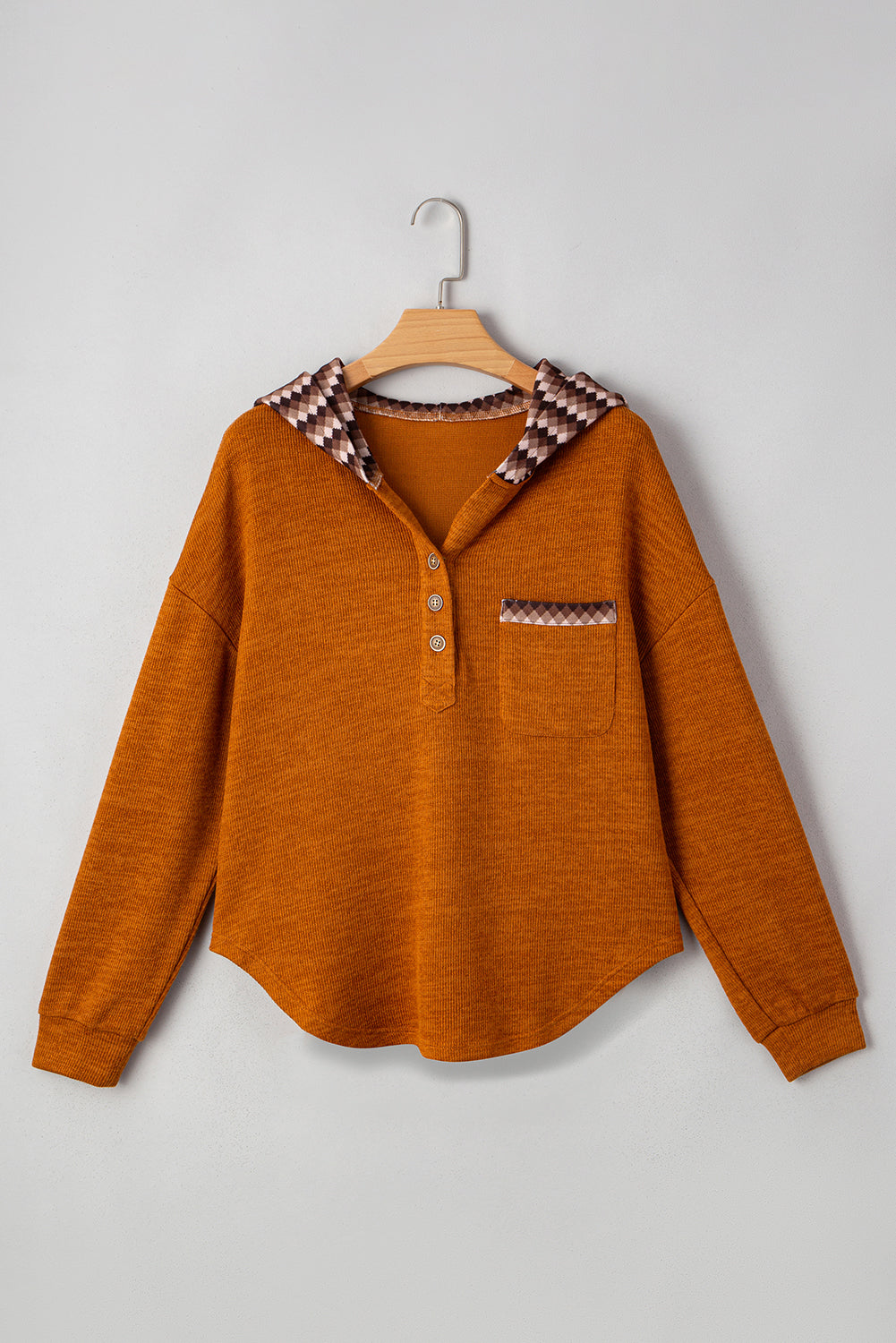 Straw Yellow Contrast Plaid Hooded Patchwork Pocket Henley Top Shewin