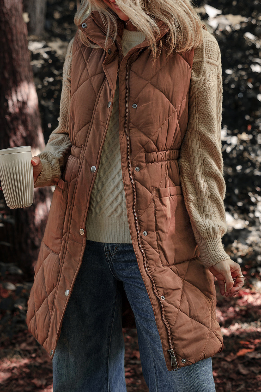 Coffee Puffer Quilted Stand Collar Pocketed Vest Coat Shewin