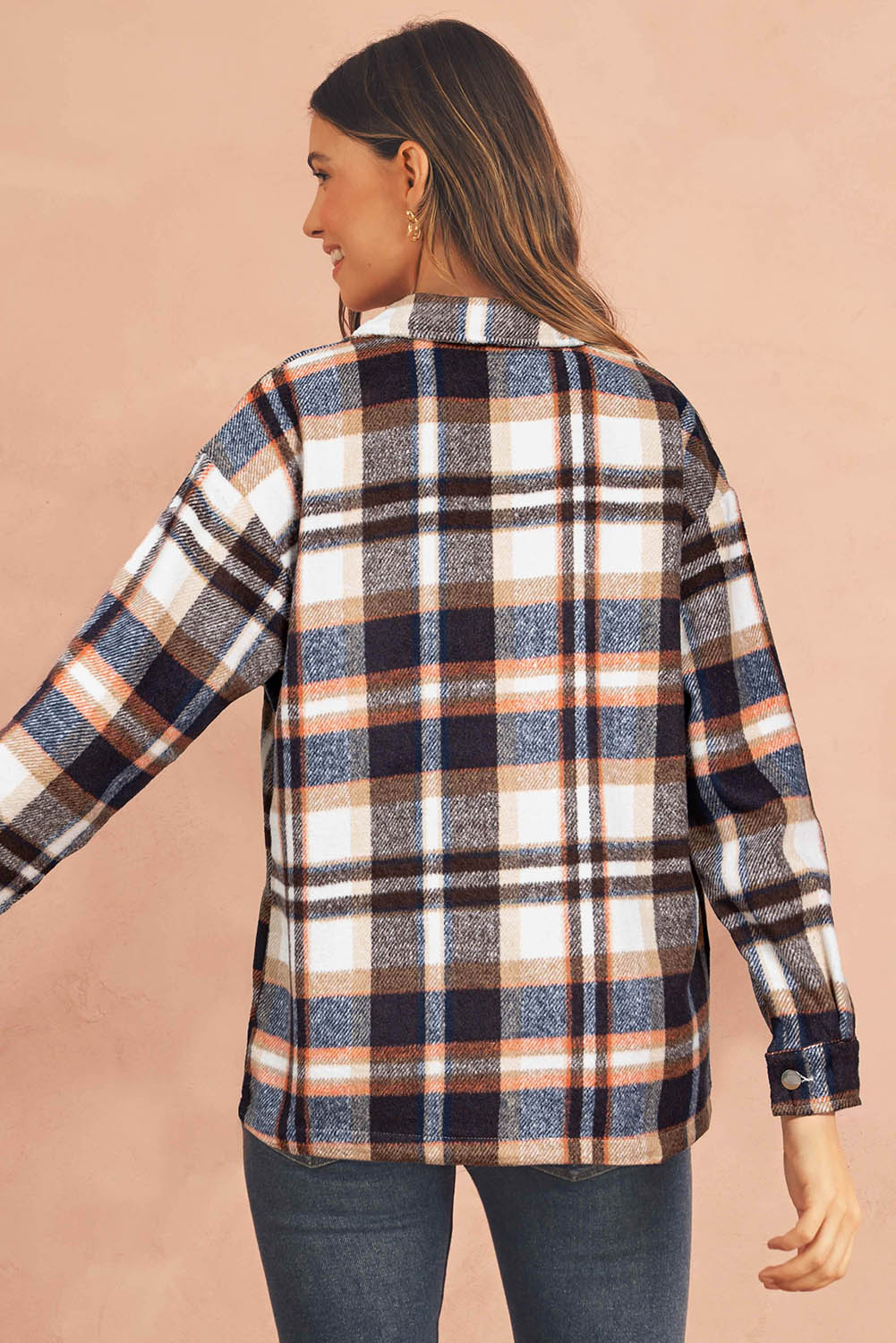 Brown Plaid Button Up Long Sleeve Flannel Shacket Shewin