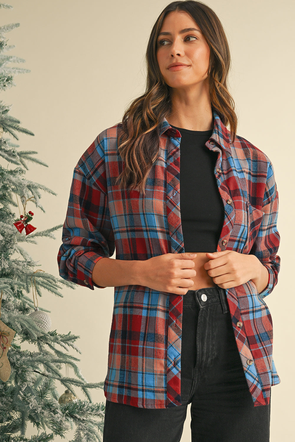 Red Plaid Print Long Sleeved Loose Cotton Collar Shirt Shewin