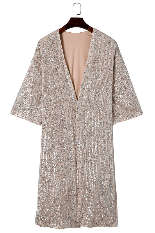 Apricot Sequin 3/4 Sleeve Open Front Duster Cardigan Shewin