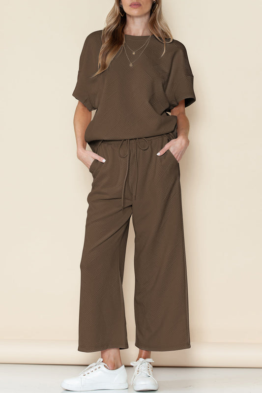 Brown Textured Loose Fit T Shirt and Drawstring Pants Set Shewin