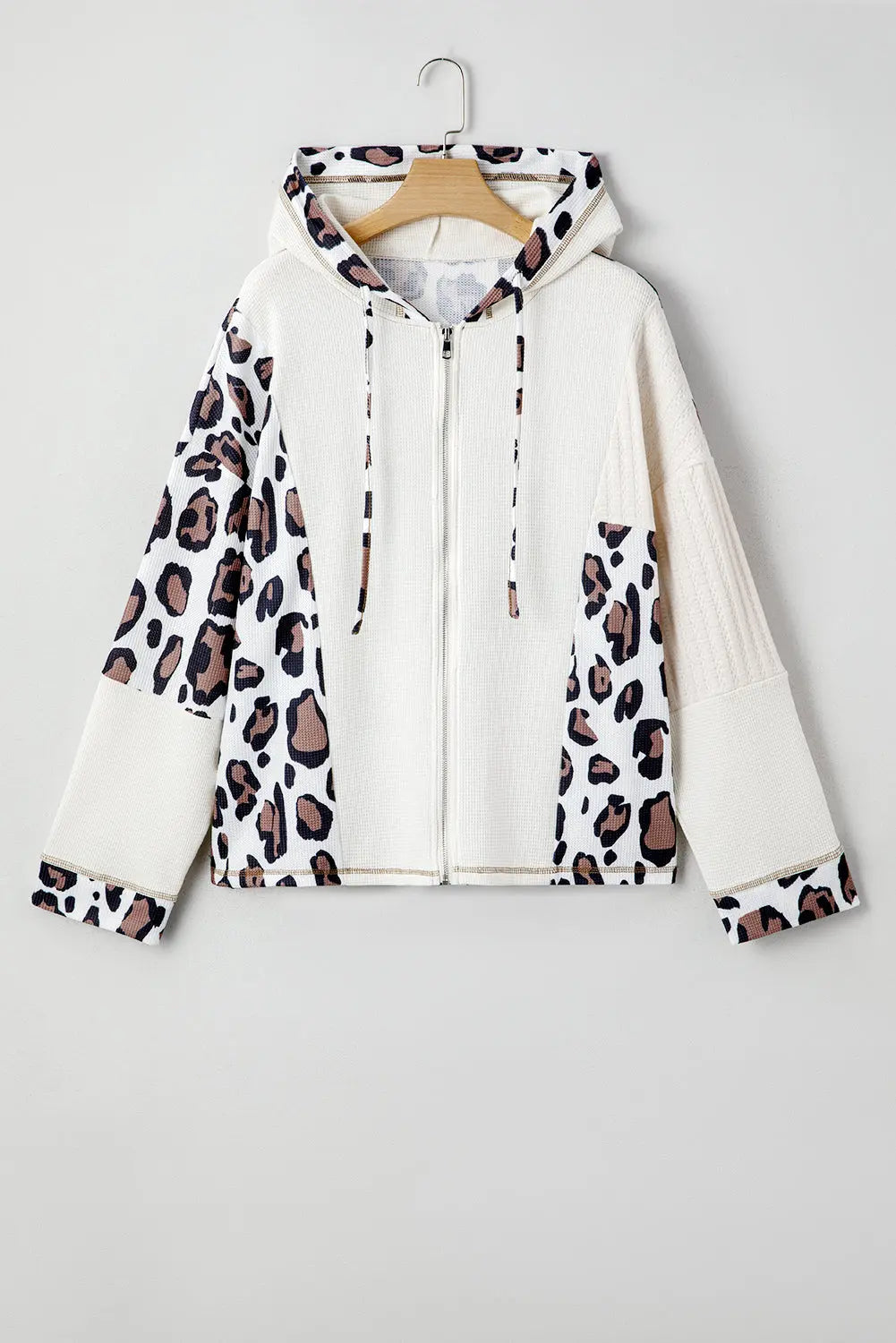Apricot Leopard Mixed Texture Patchwork Zip Up Drop Shoulder Hoodie Shewin