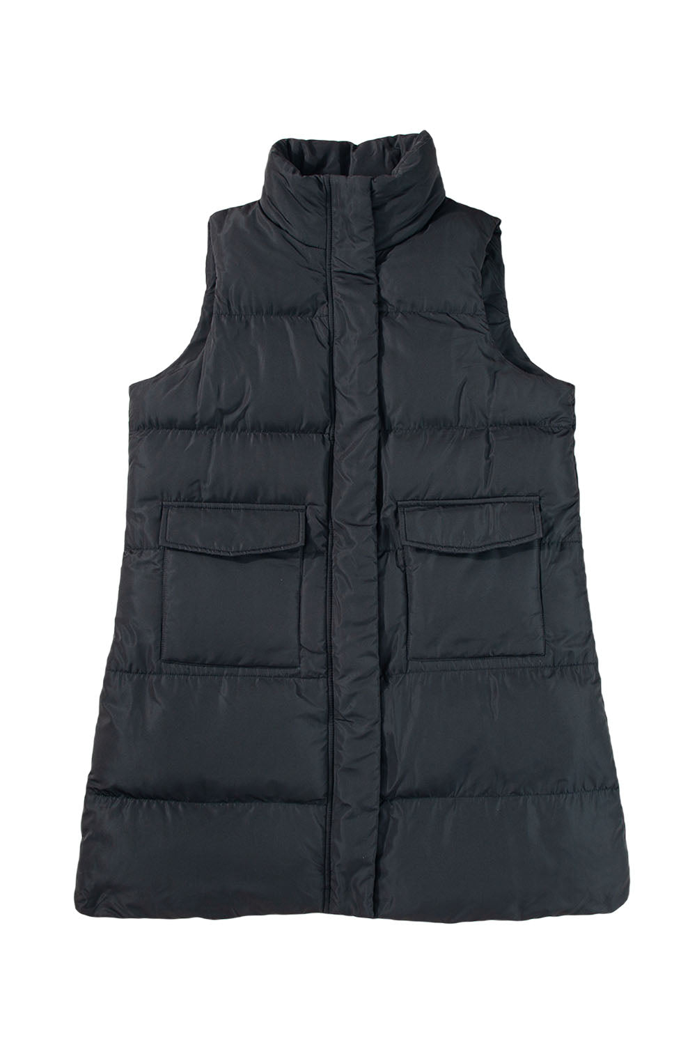 Black Solid Color Puffer Zip Up Pocketed Vest Coat Shewin