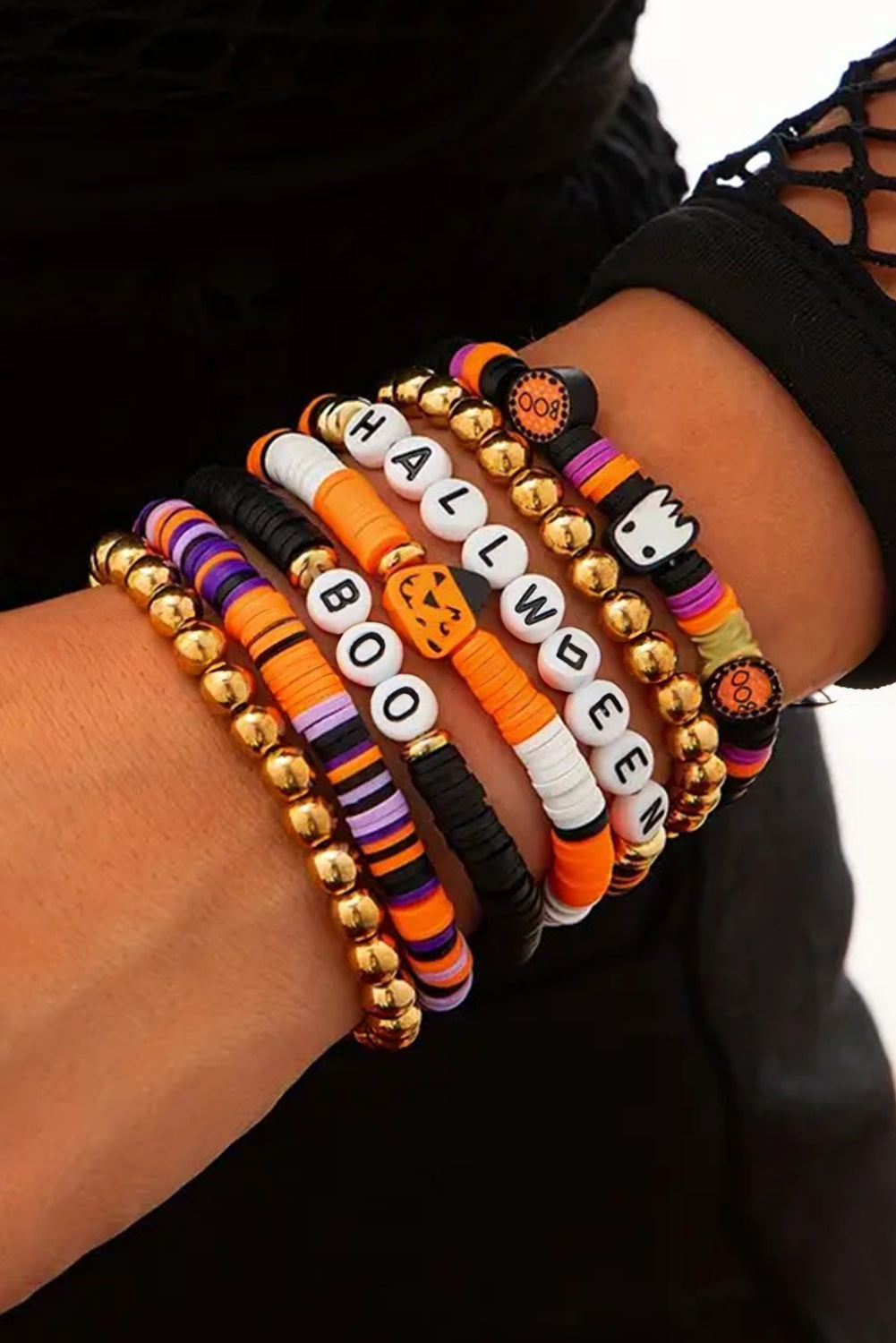 Russet Orange Playful 7pcs Halloween Beaded Bracelet Set Shewin