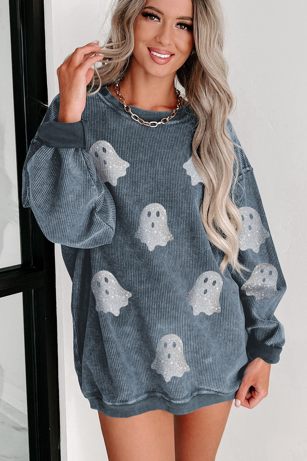 Black Halloween Ghost Corded Crew Neck Loose Sweatshirt Shewin