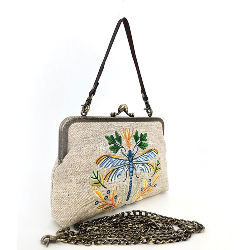 Dragonfly Embroidered Vintage-Style Kisslock Handbag : Beige Quirks!