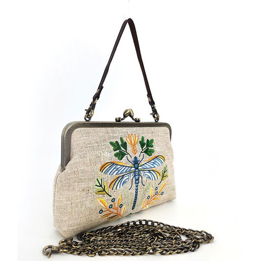 Dragonfly Embroidered Vintage-Style Kisslock Handbag : Beige Quirks!