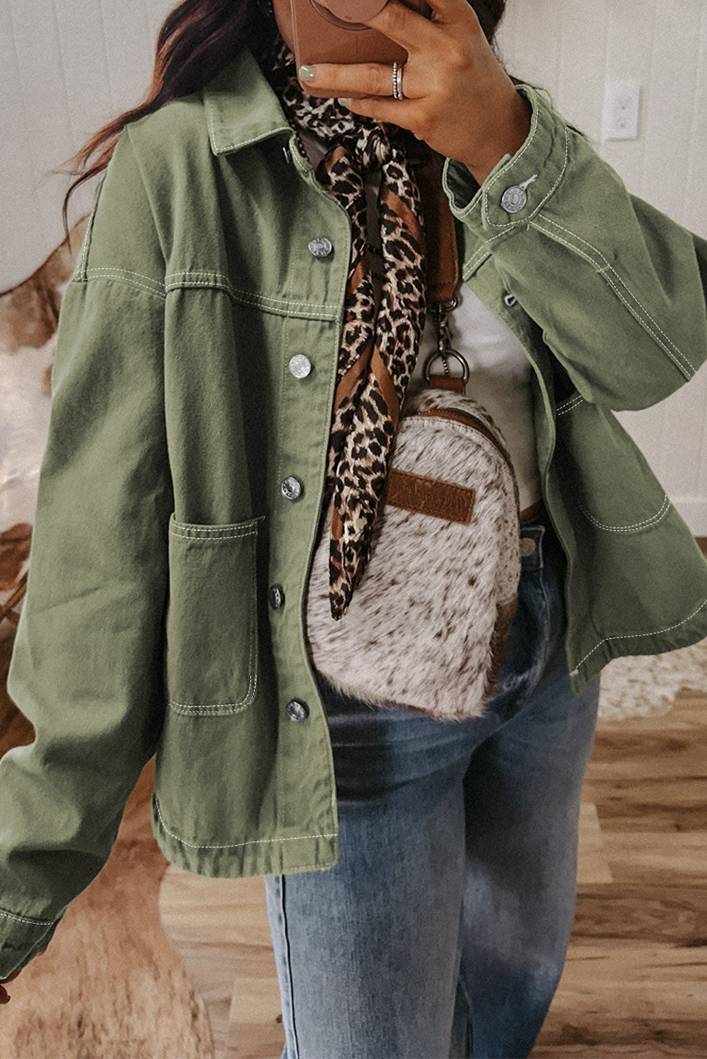 Smoke Green Pocket Collared Button Front Denim Jacket Shewin