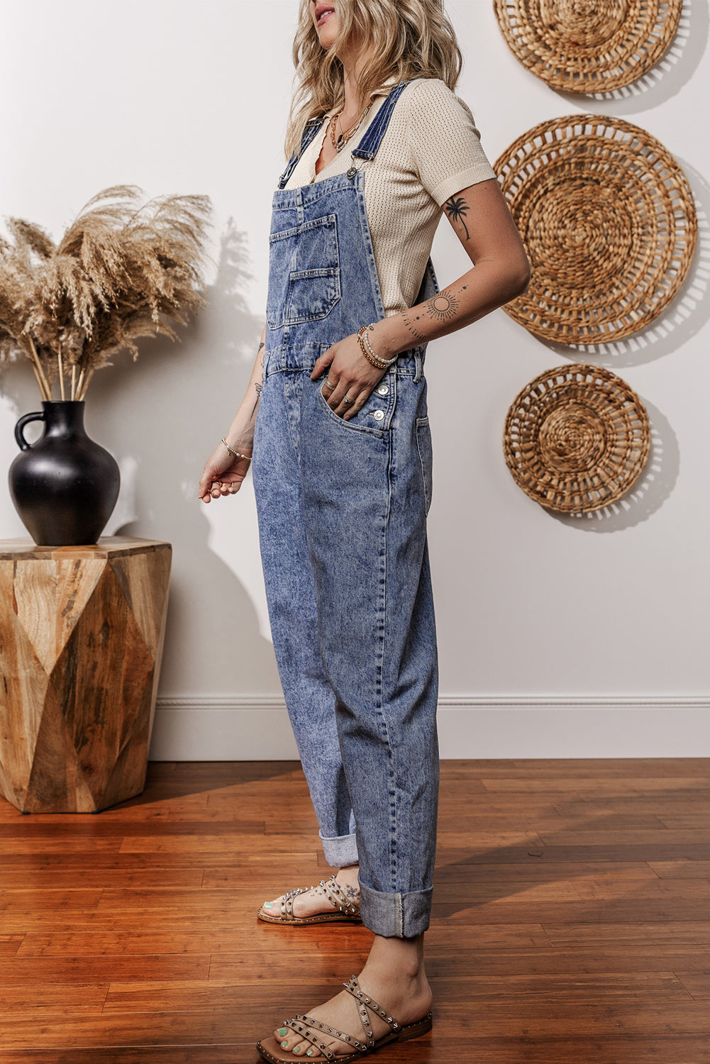 Sail Blue Straight Leg Pockets Denim Bib Overall Shewin