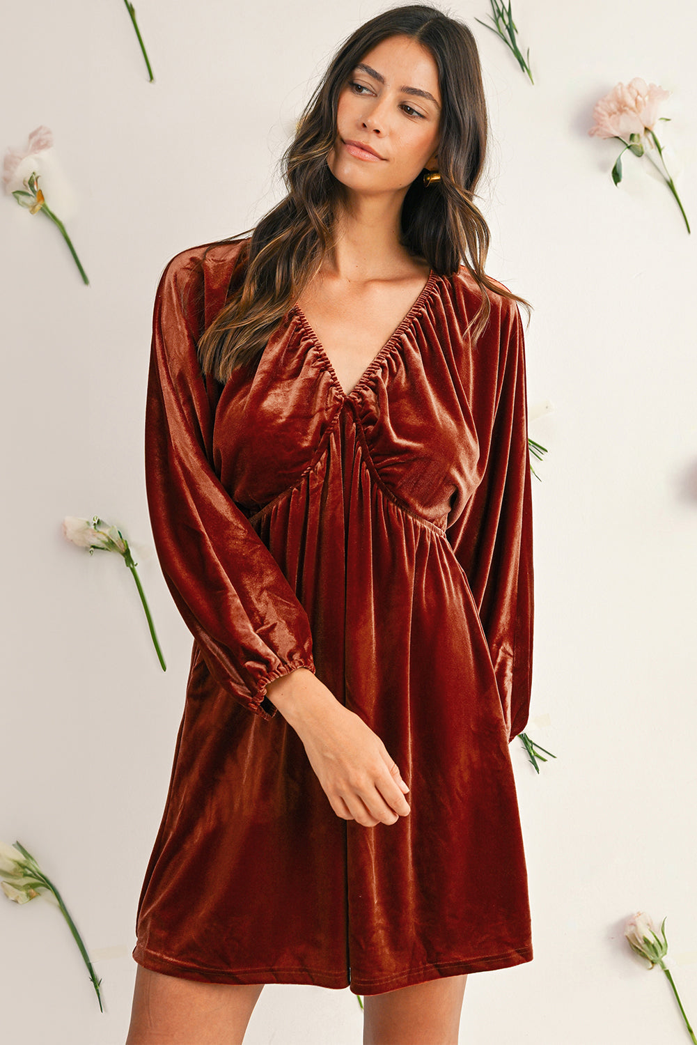Terracotta Red Brown Clay Elastic V Neck Puff Sleeve Flowy Velvet Dress Shewin