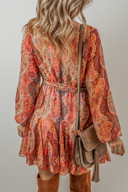 Orange Boho Paisley Print Long Sleeve Pleated Belted Mini Dress Shewin