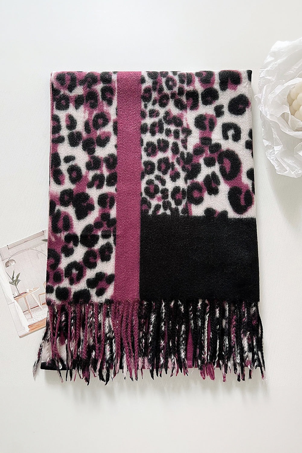 Rose Red Leopard Color Block Print Tassel Trim Terylene Scarf
