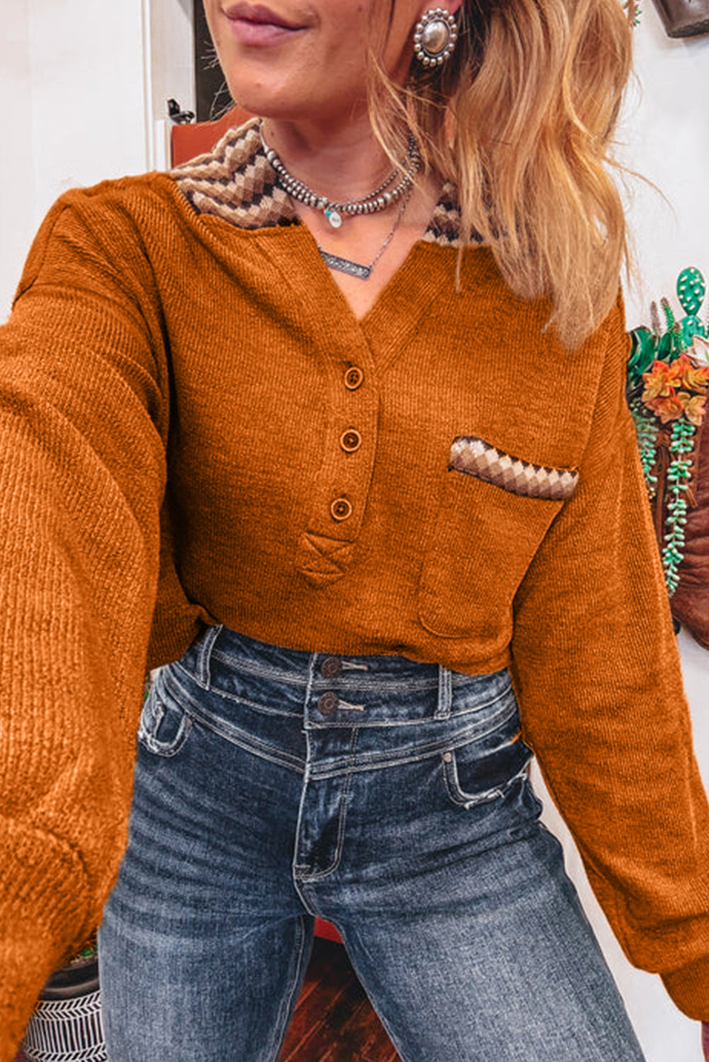 Straw Yellow Contrast Plaid Hooded Patchwork Pocket Henley Top Shewin