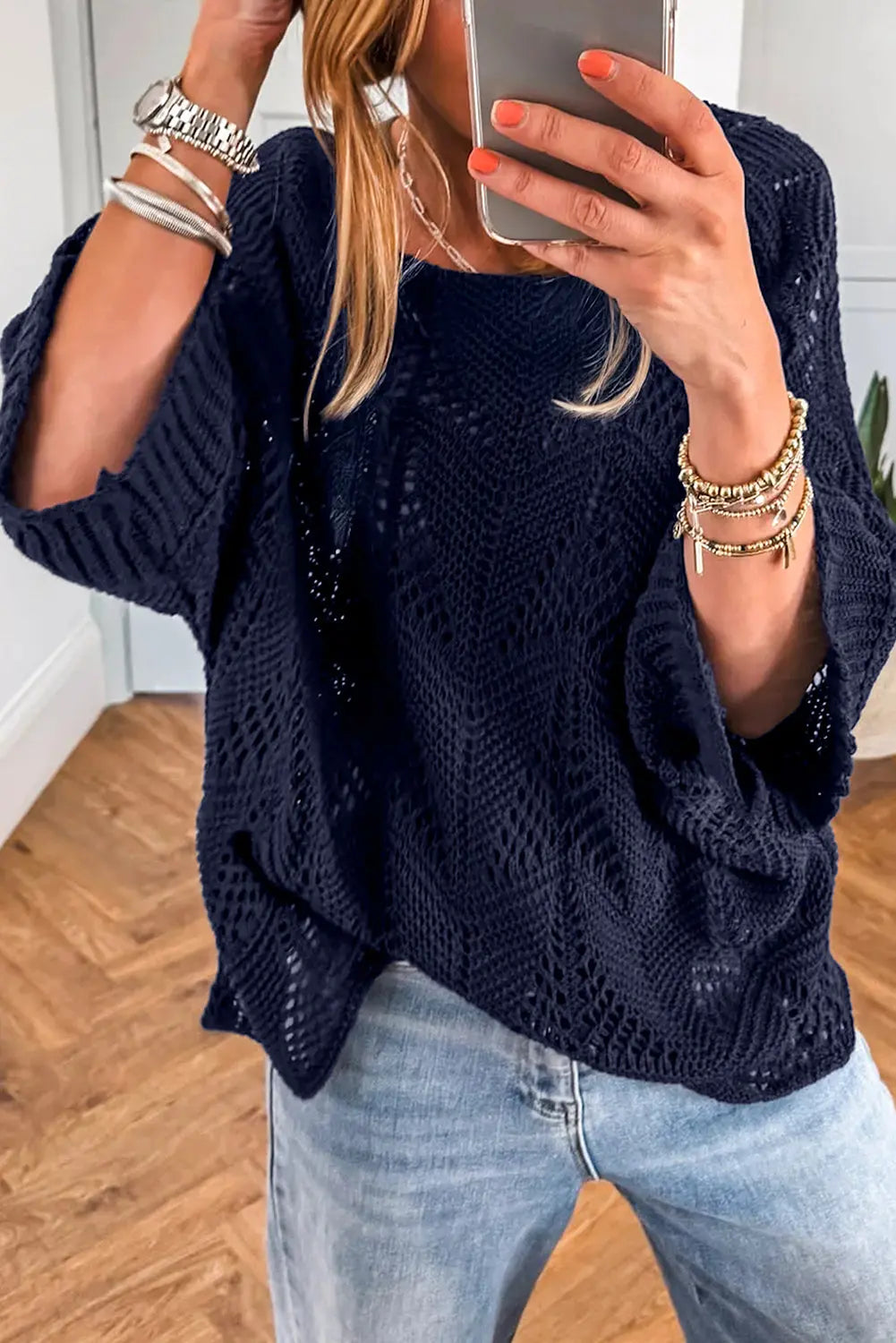 Navy Blue Hollow Out Knit 3/4 Sleeve Loose Sweater Shewin