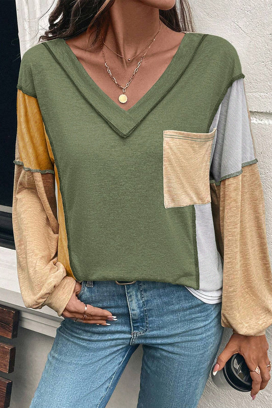 Jungle Green Exposed Stitching Colorblock V Neck Long Sleeve Top