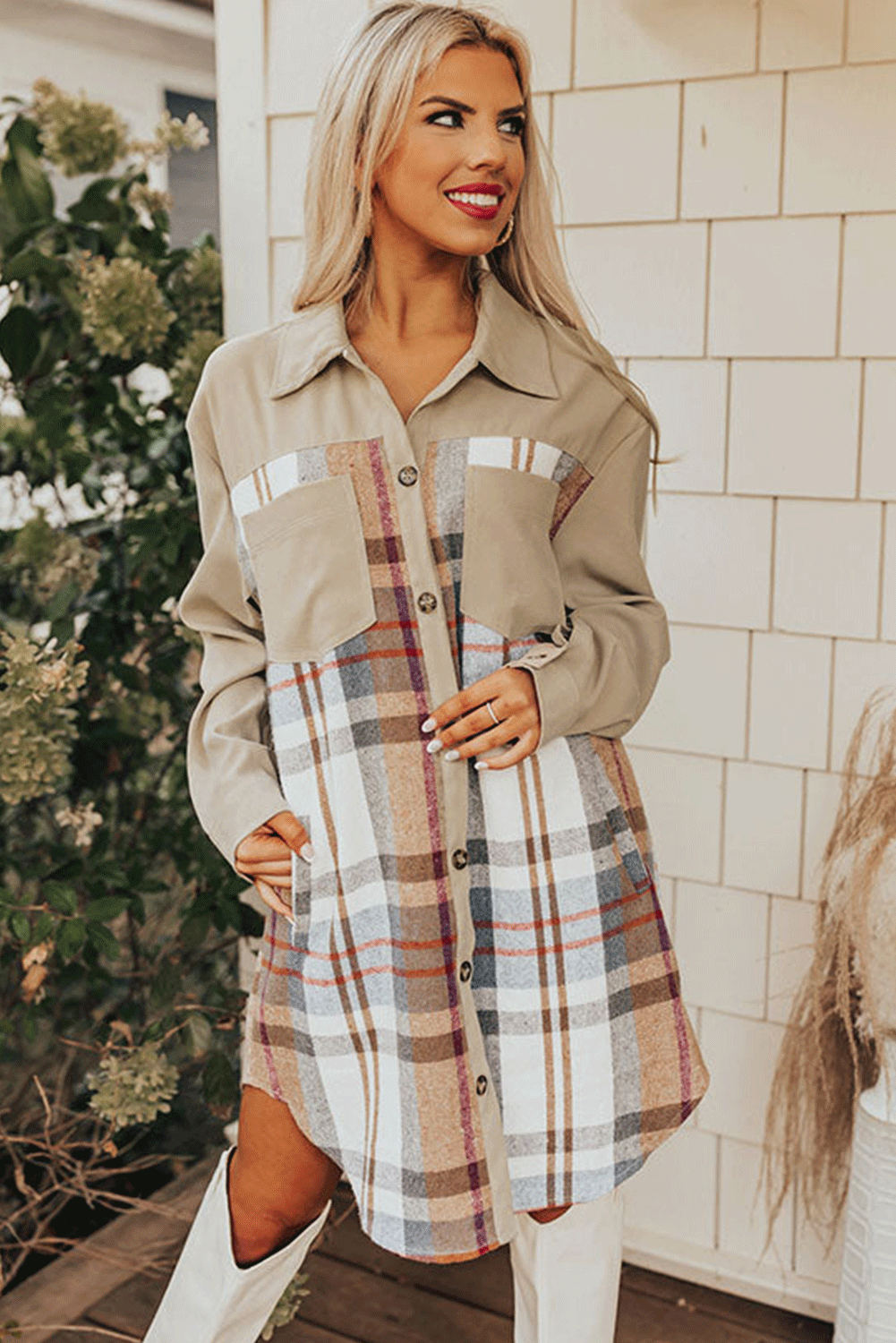 Khaki Plaid Patchwork Long Sleeve Jacket Shewin