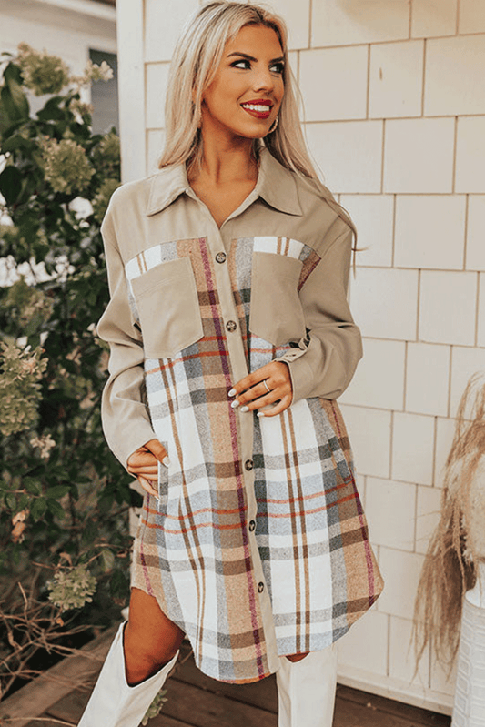 Khaki Plaid Patchwork Long Sleeve Jacket Shewin