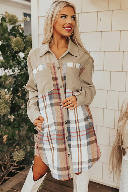 Khaki Plaid Patchwork Long Sleeve Jacket Shewin