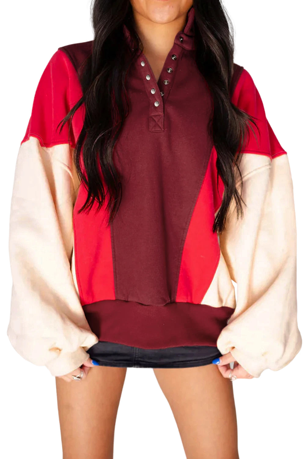 Fiery Red Colorblock Patchwork Oversized Sweatshirt
