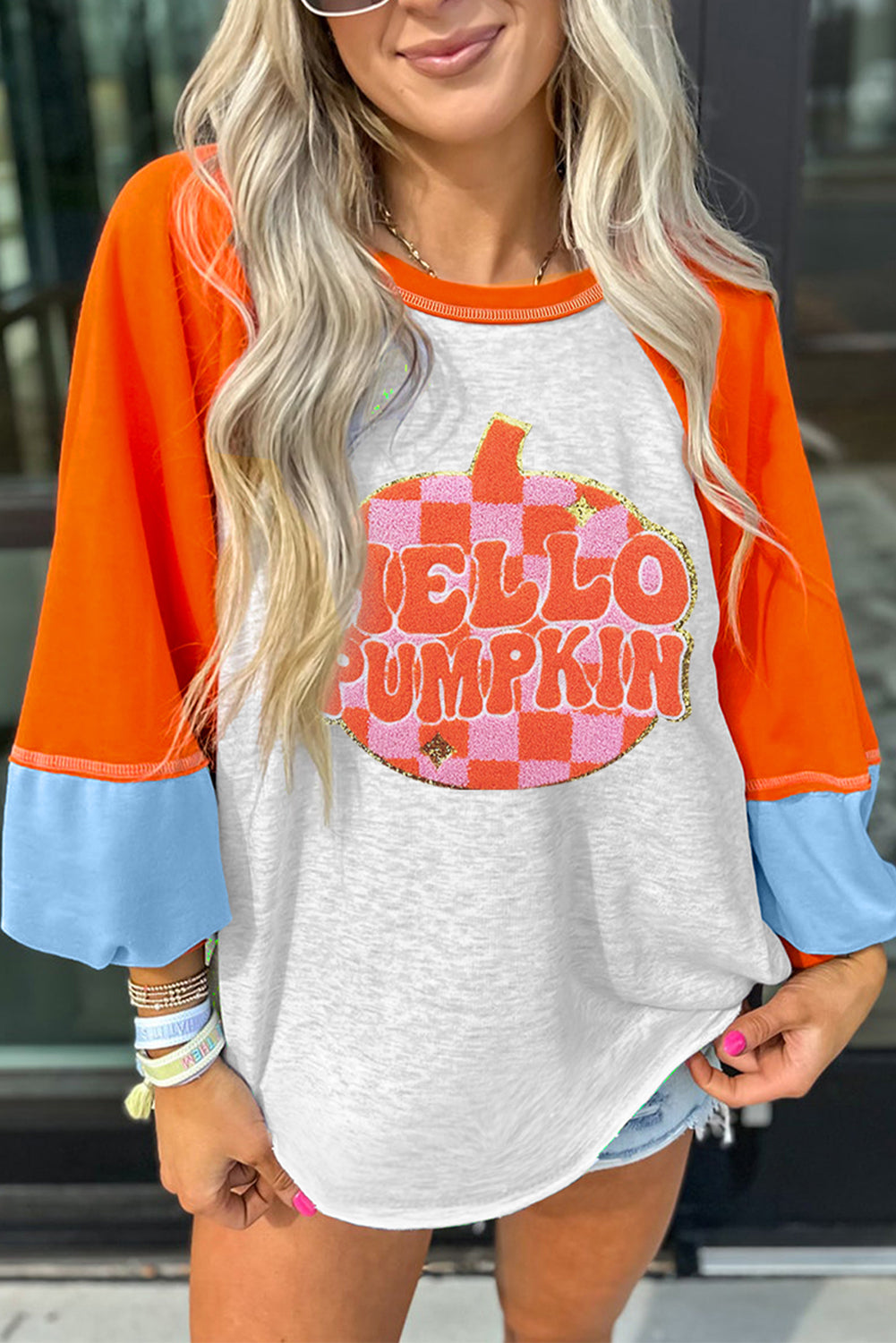 Light Grey HELLO PUMPKIN Patched Graphic Colorblock Raglan Sleeve Top Shewin