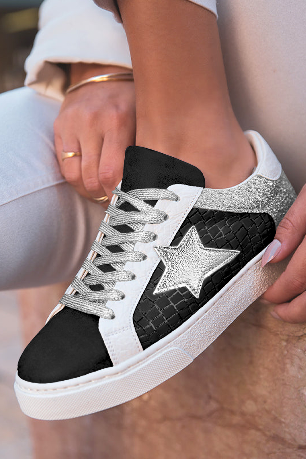 Black Glitter Star Patchwork PU Leather Lace-up Sneakers Shewin