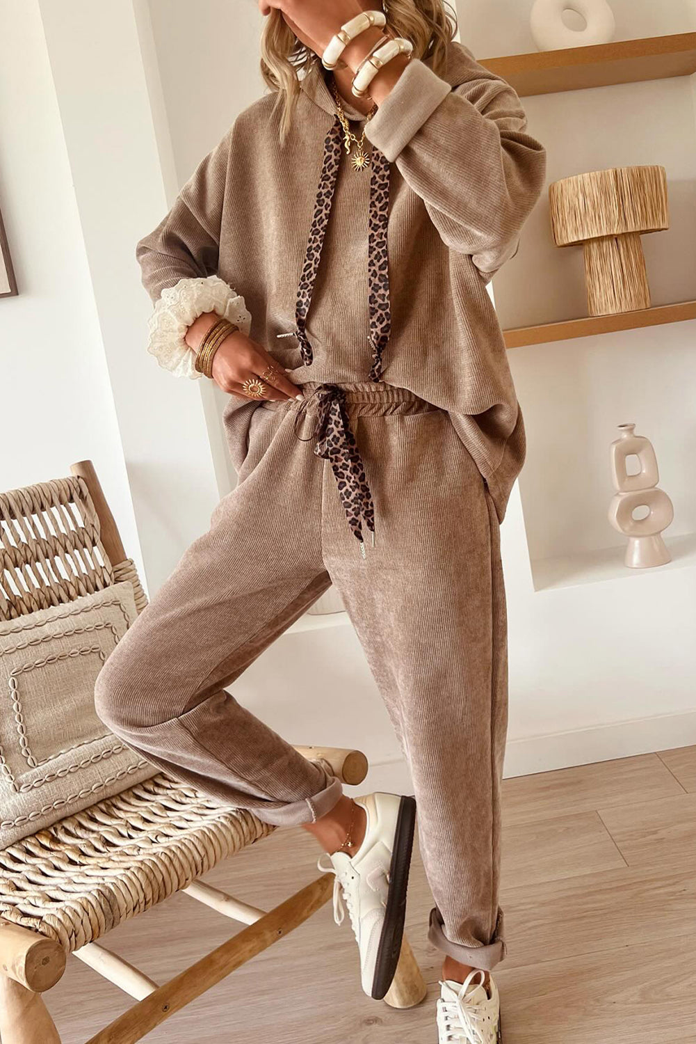 Dark Khaki Drawstring Pullover Hoodie and High Waist Pants Corduroy Suit