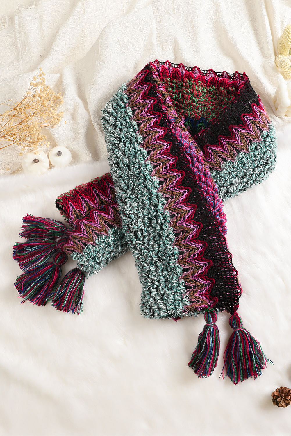 Rose Red Ethnic Tassel Knit Poncho Shewin