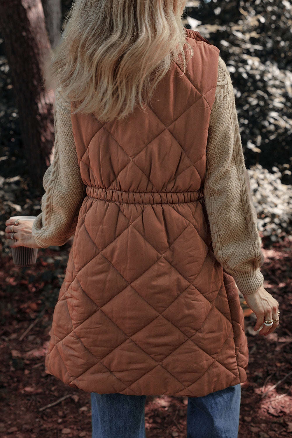 Coffee Puffer Quilted Stand Collar Pocketed Vest Coat Shewin